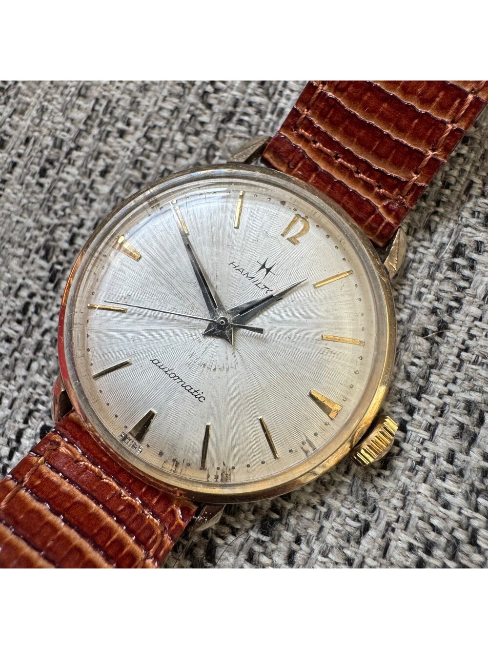 Vintage Hamilton Automatic Mens Watch 10k RGP Silver Dial Swiss Leather Strap